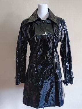 Gothic Matrix Black Plastic Double Breasted Trench Coat Rain Jacket Womens Sz 8
